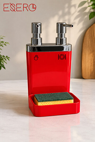 ESERO Me-1004 Kitchen Organizer Liquid Soap Dispenser Sponge Holder Countertop Organizer Red