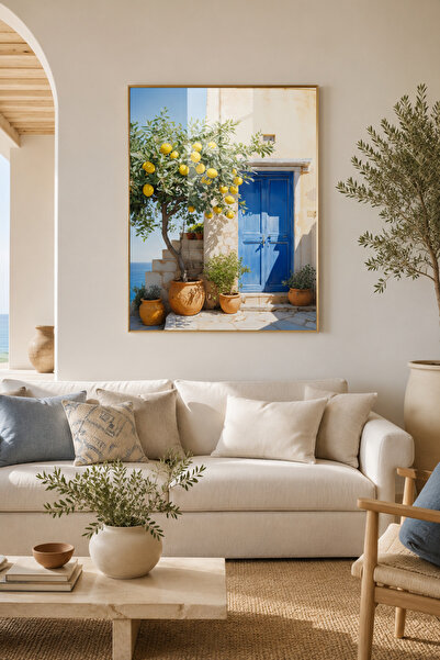 sayetablo Blue Door & Lemons - Gerçek Cama Baskı Gold Alüminyum Metal Çerçeve...