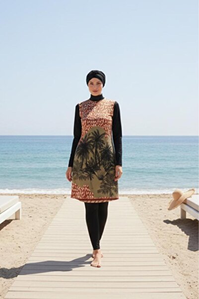 MARESİVA Fully Covered Hijab Swimsuit with Ethnic Pattern, Set of 4, with Bon...