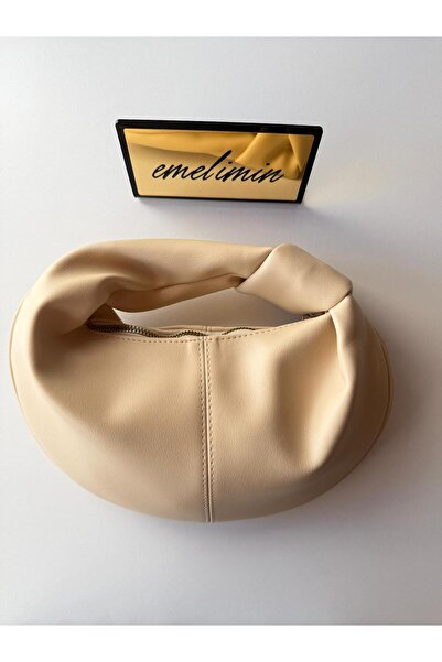 emelimin Women's Yellow Knot Handle Soft Textured Handbag Modern Croissant Model