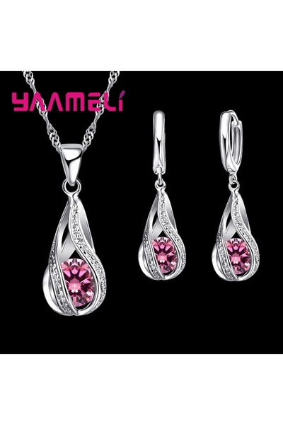 Choice6 Pink Hot Water Drop CZ 925 Sterling Silver Plated Jewelry Set For Wom...