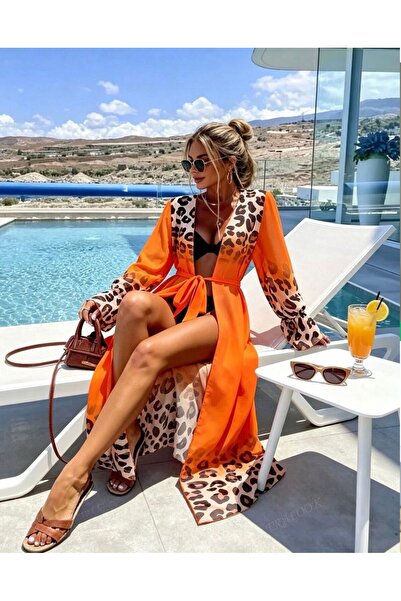 VenusOfficial Kadın Leopar Desenli Şifon Pareo Kimono Plaj Elbisesi Kuşaklı U...