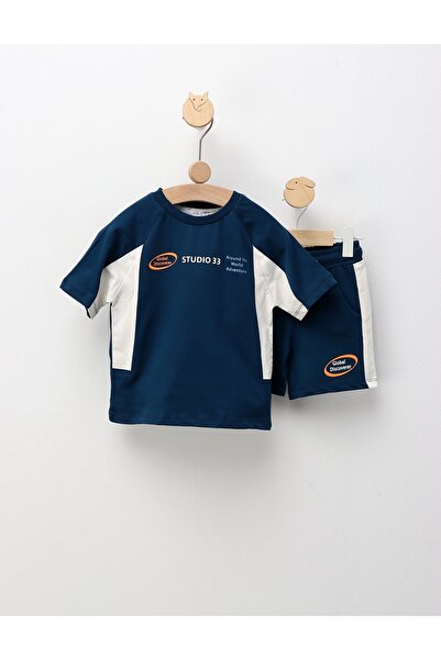 MiniKids Summer Top Bottom Set , Around The World, with blue