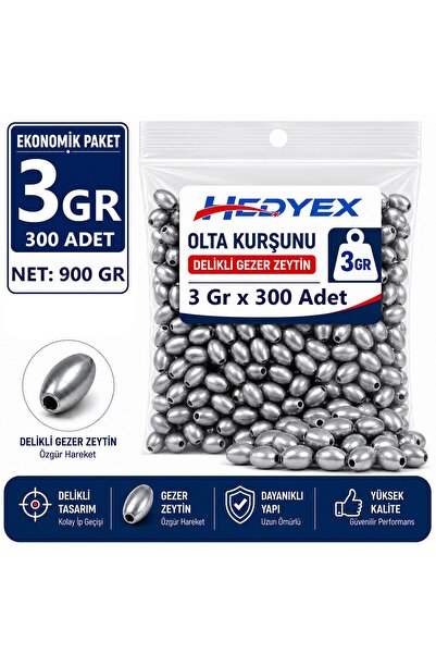 Hedyex 3 Gr 300 Pieces (900 Gr) Fishing Line Lead with Hole Gezer Zeytin