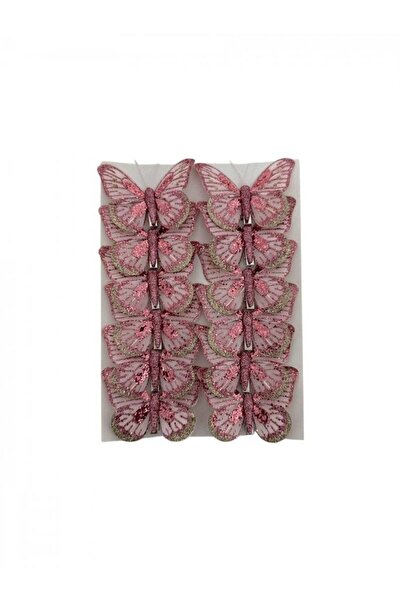 OEM Decorative Feather Butterflies, Pink, Colorful, Glitter, 12/ Top Bottom Set