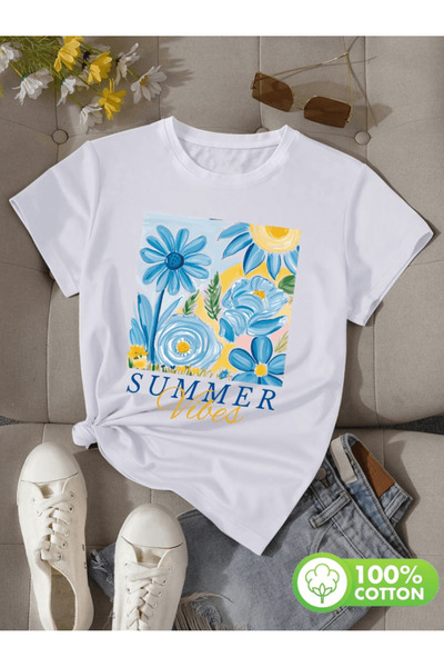 one button Μπλουζάκι Summer Vibes με στάμπα λουλουδιών, Premium Oversize