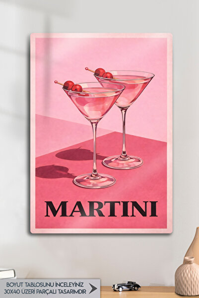 DekorHane Metal Baskı - Martini Kokteyl Tablo Pembe Retro Bar ve Mutfak Duvar...