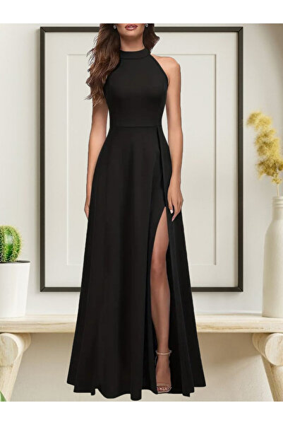 Efnaz style    Women's Halter Neck Deep Slit Detail Full Length Imported Crep...
