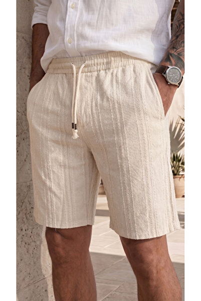 viperkombin Men's Patterned Raw Linen Shorts Regular Tok Fabric