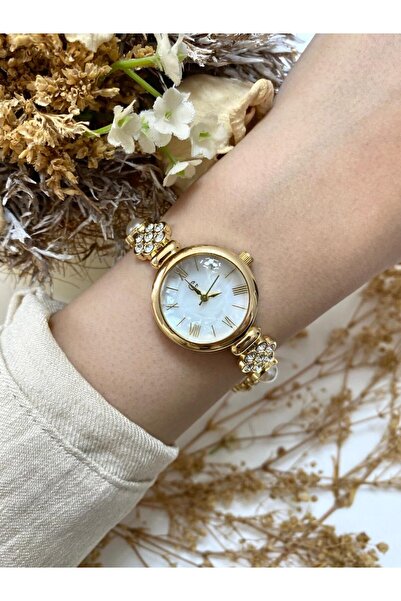 Mazzy Stoned Cord Round Gold White Dial Women's Wristwatch