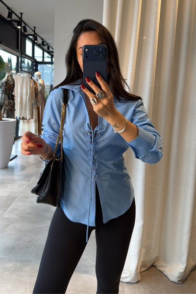 SHILSEE BEUTİQUE Women's Poplin Shirt with Bird Eye Detail and Tie Front, Blue
