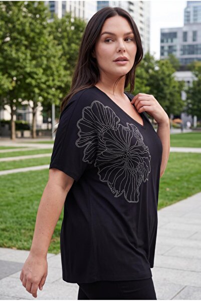 Ebsumu Women's Plus Size Drop Leaf Printed Black Blouse