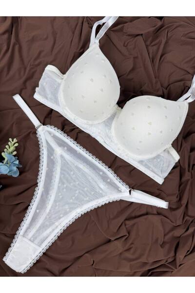 ROZENİN LINGERIE Kalp Baskılı Destekli Dolgulu Sütyen Tanga İç Çamaşırı Takımı