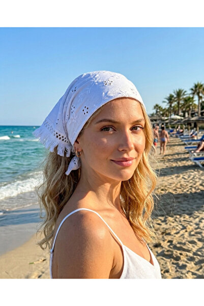 VİSKOYAT Brode Cotton Bandana Scarf Scarf White Bandana
