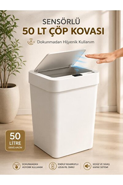 LOREMPBOX 50 LT Sensörlü Akıllı Çöp Kovası Dokunmadan Açılan Otomatik Kapaklı...