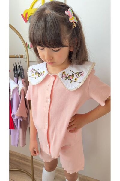 VOSVOSBABY Pink Collar Embroidered Detail Terry Shorts Set