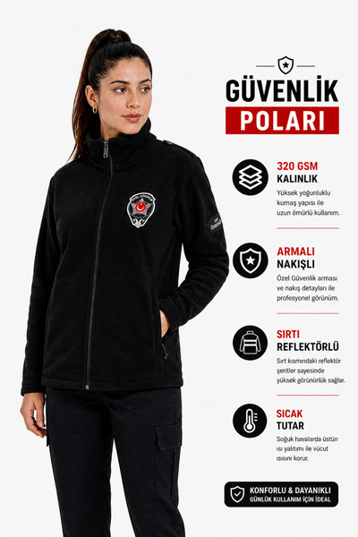 UMAY ÜNİFORMA Kadın Özel Güvenlik Poları Siyah Nakışlı Reflektörlü Armalı Kış...