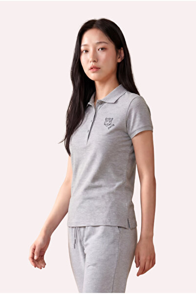 Kontür Jaguar Nakış Detaylı Slim Fit Kadın Gri Melanj Polo Yaka T-Shirt