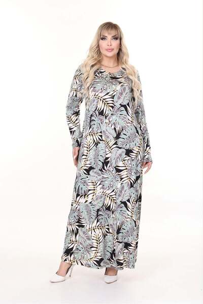 kısmet sepeti Women's Plus Size Black Leaf Patterned Viscose Combed Cotton St...