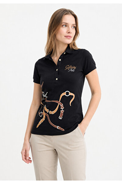 Galvanni Women's Printed Black Polo Neck T-Shirt