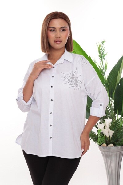 JERFİ Women's Plus Size Abstract Stone Printed Poplin Fabric Shirt