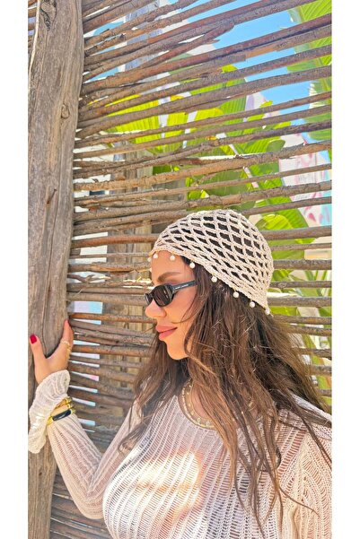 ATELİER TUĞBA Kep002 Hand Knitted Pearl-Detail Fishnet Cap Hat