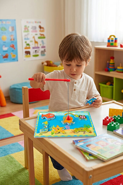 toditoys Ahşap Mıknatıslı Balık Tutma Oyunu - İpli Bultak Puzzle Şekil Eşleşt...