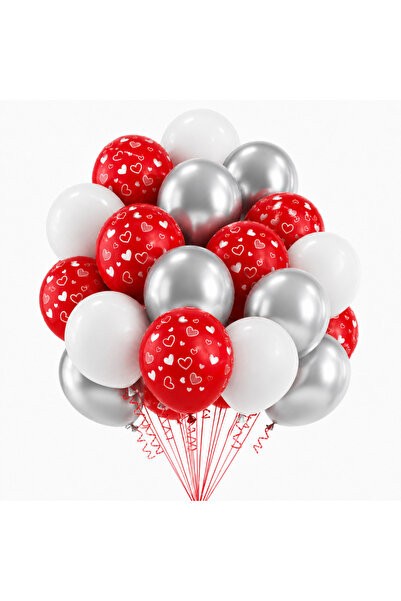 Ropet Top Bottom Set of 100 Red, White and Silver Latex Balloons, With Hearts...