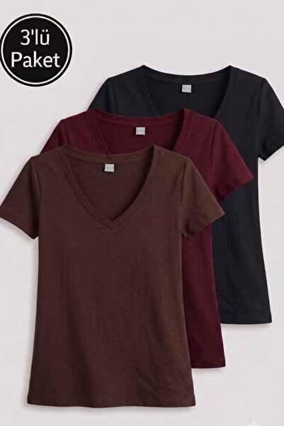 FHELIA Women's V-Neck Cotton 3-Pack T-Shirt