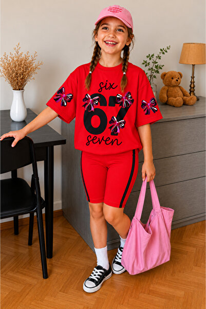 zepkids Girl's 67 Printed Cotton Lycra Red Color Oversize T-Shirt Capri Set