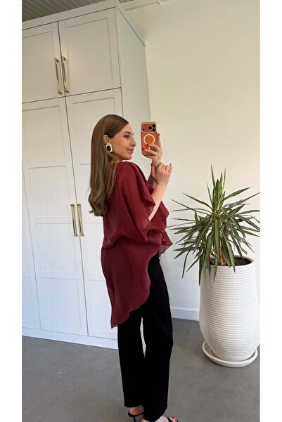 elifteke Asymmetrical Voile Blouse Burgundy