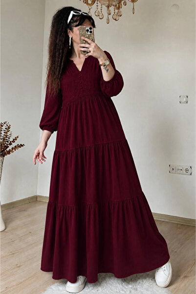 AZRA BUTİK Ruffled Skirt Lace Ribbon Detailed Dress Burgundy