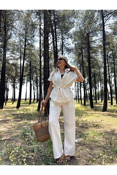 Gözde Tasarım Butik Women's White Color Flam Linen Safari Style Belted Shirt ...