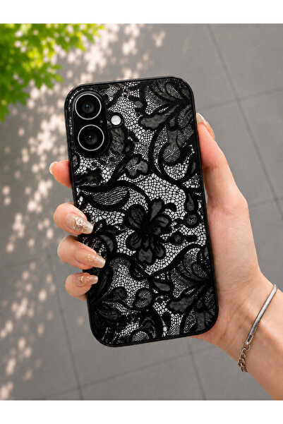 OVADA İphone 16 Uyumlu Siyah Dantel Desenli Telefon Kılıfı