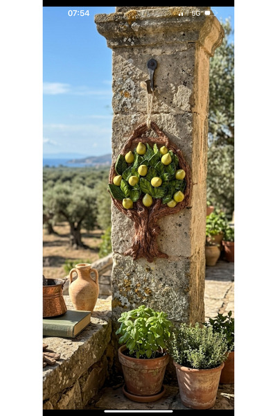 Ahşap Evi El Yapımı Seramik Bereket Limon Ağacı Duvar Süsü 28x18 Cm-Dekoratif...