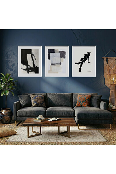 KOLAJTASARIM Set de 3 tablouri din lemn, monocrome, abstracte și figurative, ...