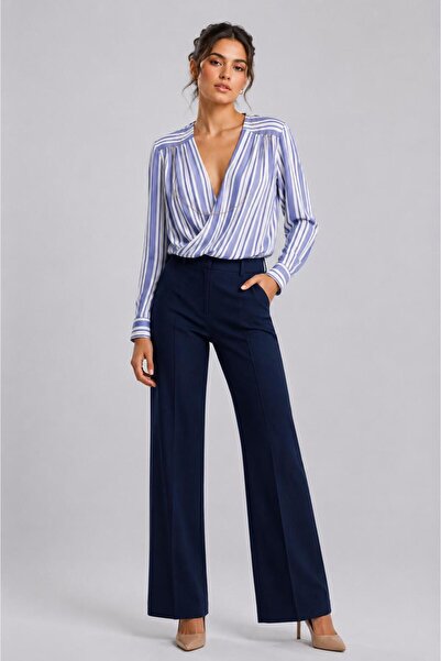 ikomteks Chain Detailed Double Breasted Collar Striped Blouse