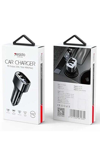 Yesido شاحن سيارة متعدد الوظائف Y47 بثلاثة منافذ USB ونوع C بقدرة 25 واط بإجم...