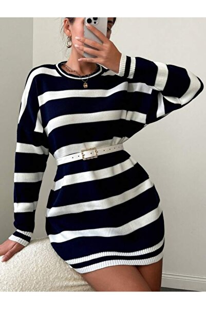 Iuliashop Rochie scurtă tricotată cu dungi albe Sebina