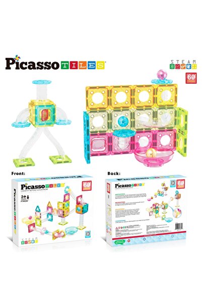 PicassoTiles بلاط بيكاسو - مجموعة ألعاب بناء مغناطيسية 60 قطعة بتصميم مسار ال...