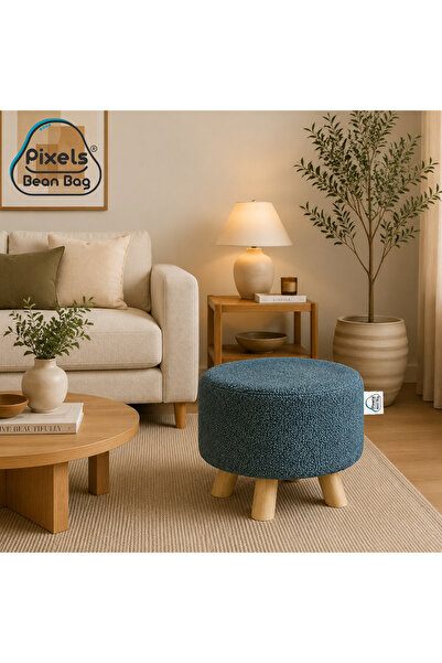 PixelsBeanBag Plexi بين باج Boucle Fabric Round Wide Ottoman Stool, Wooden Ba...