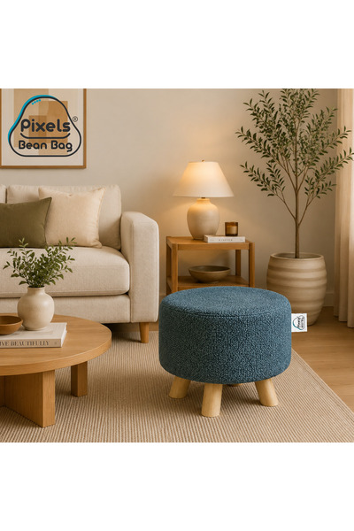 PixelsBeanBag Plexi بين باج Boucle Fabric Round Wide Ottoman Stool, Wooden Ba...