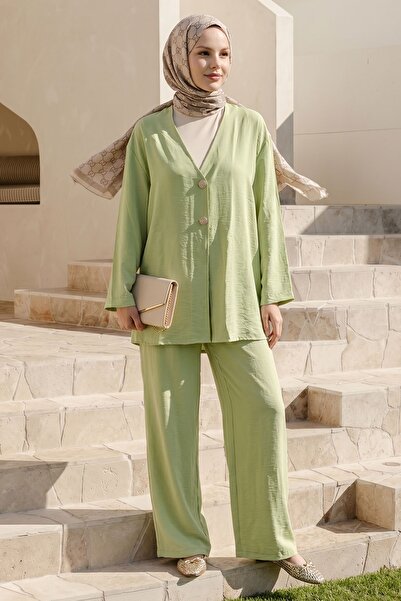 InStyle Double Gold Button Pantsuit in Pistachio Green