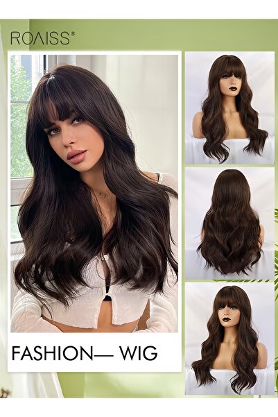ROAISS Long Wavy Brown Wig with Bangs Natural Soft Synthetic Heat Resistant H...