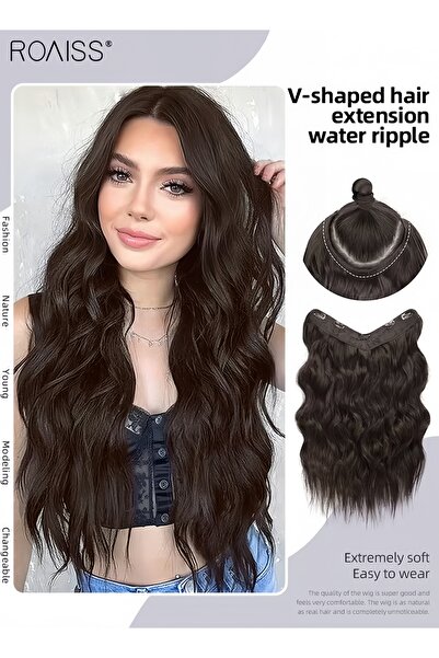 ROAISS V-Shaped Light Brown Hair Extension One Piece Wavy Wig with 4 Clips He...