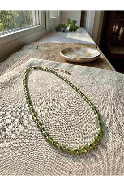 Meneva Aksesuar Peridot (Zebercet) Natural Stone and Steel Combination Necklace