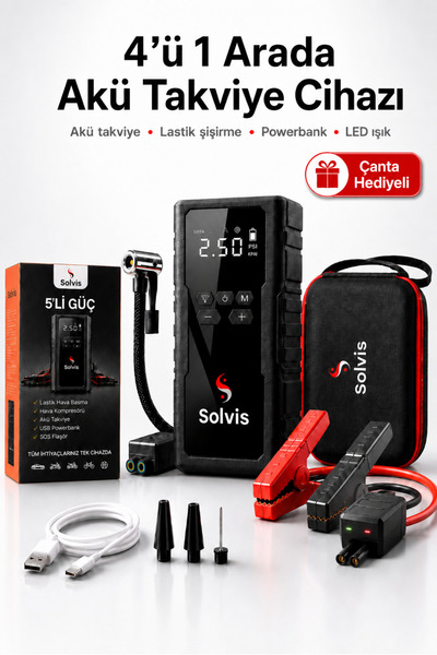 solvis Akıllı Akü Takviye Cihazı 4’ü 1 Arada – Lastik Şişirme, Powerbank, LED...