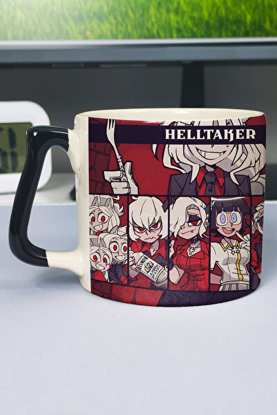 ZipZap كوب سيراميك فاخر مطبوع من Helltaker (قطعة واحدة) بمقبض أسود خاص بمقبض ...