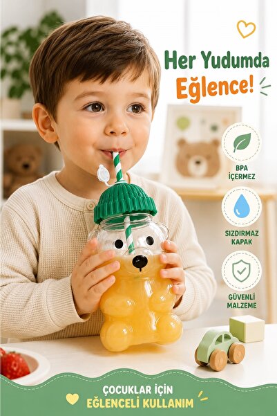 Kitchen Beauty Sevimli Ayıcık Suluk Pipetli Sızdırmaz Suluk Su Şişesi Pintere...