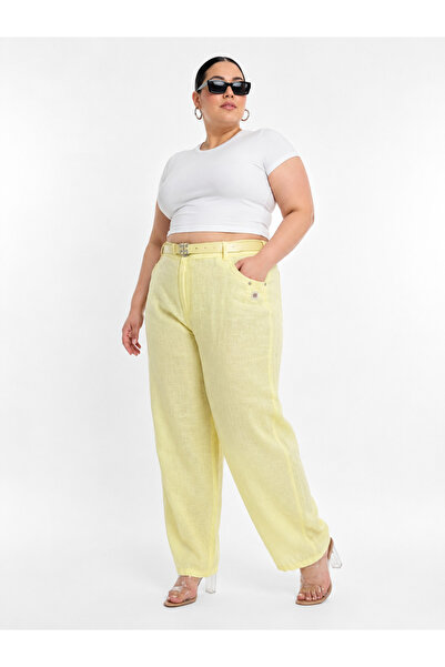 carmito Plus Size Linen Elastic Waist Belted High Waist Loose Leg Women's Tro...
